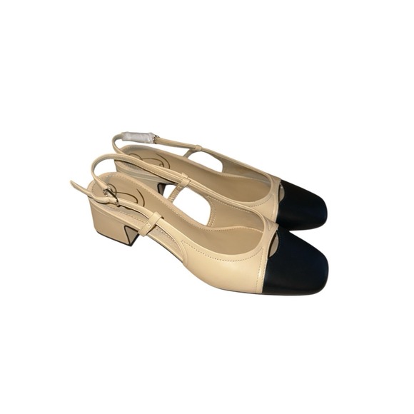 Sam Edelman Tarra Shoes 7 Summer Sand/Black Cap Toe Block Heel Slingback Sandal - Picture 2 of 9